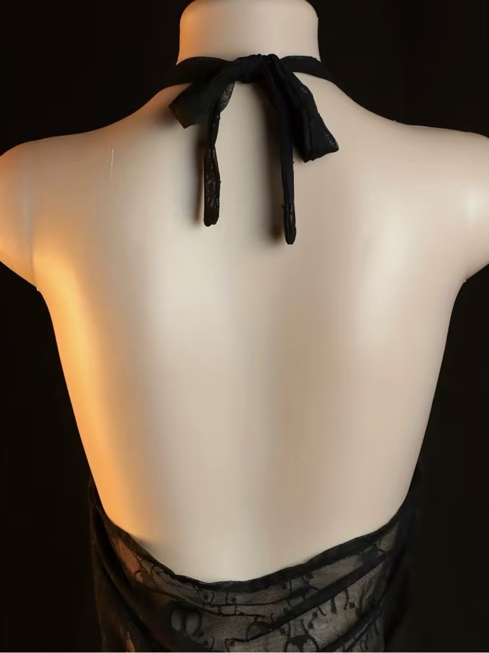 NWT Black Sheer Mesh Lace-Up Halter Babydoll Set - Picture 3 of 3